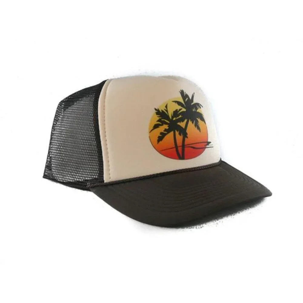 Sunset Palm Brown Trucker Hat Cap Retro Mesh Brach Wear Vintage Style USA Print